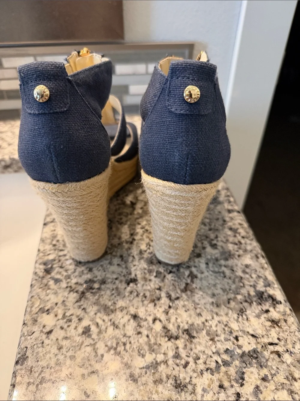 Michael Kors Navy Canvas Zip Wedge Sandals - Worn 1 time for 2 hrs. Hurt my feet